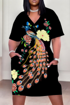 Blue Black Casual Animal Print Chain print Pocket Contrast V Neck Printed Plus Size Dresses