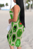 Black Sexy Plaid Graffiti Print Four Leaf Clover Contrast U Neck Printed Dresses