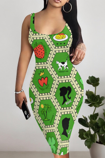Green Sexy Plaid Graffiti Print Four Leaf Clover Contrast U Neck Printed Dresses