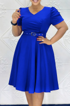 Royal Blue Casual Solid Color Ruched With Belt Zipper O Neck Long Dresses