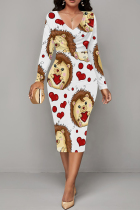 White Yellow Elegant Love Print Lips Contrast V Neck Printed Dresses