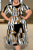 Dark Brown Casual Plaid Chain print Leopard Patchwork Contrast O Neck Printed Plus Size Dresses