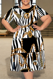 Black And White Casual Plaid Chain print Leopard Patchwork Contrast O Neck Printed Plus Size Dresses