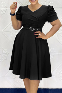 Black Casual Solid Color Ruched With Belt Zipper O Neck Long Dresses