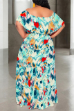 Baby Blue Sexy Geometric Print Ruffle Contrast Off Shoulder Printed Dresses