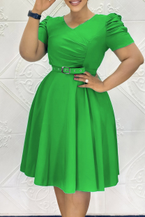 Green Casual Solid Color Ruched With Belt Zipper O Neck Long Dresses
