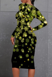 Black Elegant Floral Print Contrast O Neck Printed Dresses