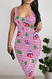Red Sexy Plaid Graffiti Print Four Leaf Clover Contrast U Neck Printed Dresses