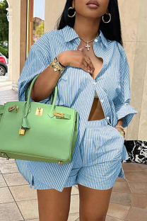 Sky Blue Casual Stripe Pocket Buckle Patchwork Shirt Collar Long Sleeve Two Pieces