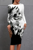 Black Elegant Floral Print Contrast O Neck Printed Dresses