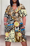 Leopard Print Casual Animal Print Chain print Pocket Contrast V Neck Printed Plus Size Dresses