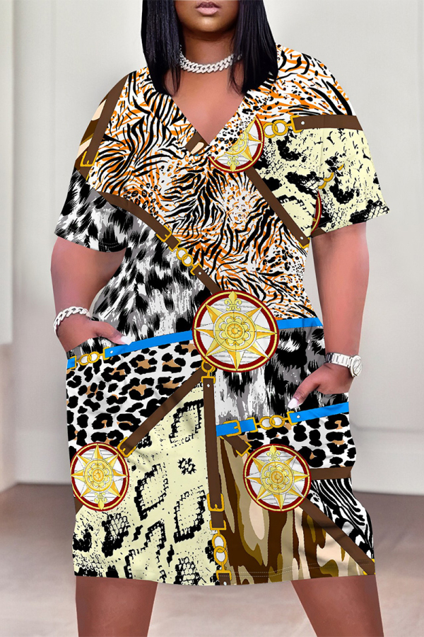 Multicolor Casual Animal Print Chain print Pocket Contrast V Neck Printed Plus Size Dresses