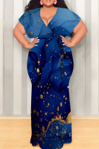 Dark Blue Casual Print Patchwork Strap Design V Neck Long Plus Size Dresses