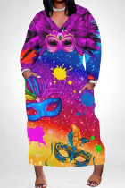Gradient Color Casual Graffiti Print Mask Pocket Contrast V Neck Printed Plus Size Dresses