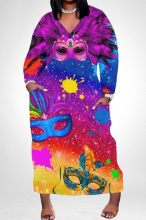 Gradient Color Casual Graffiti Print Mask Pocket Contrast V Neck Printed Plus Size Dresses