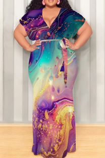 Purple Green Casual Print Patchwork Strap Design V Neck Long Plus Size Dresses