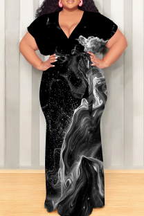 Black And White Casual Print Patchwork Strap Design V Neck Long Plus Size Dresses