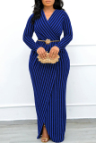 Rose Gold Casual Stripe Patchwork V Neck Long Dresses