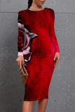 Black Elegant Floral Print Contrast O Neck Printed Dresses