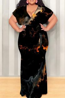 Black Casual Print Patchwork Strap Design V Neck Long Plus Size Dresses