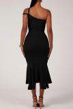 Black Elegant Solid Color Patchwork Oblique Collar Irregular Dresses