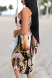 Orange Sexy Camouflage Print Leopard Contrast U Neck Printed Dresses