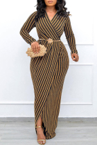 Yellow Casual Stripe Patchwork V Neck Long Dresses