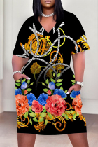 Black Casual Animal Print Chain print Pocket Contrast V Neck Printed Plus Size Dresses