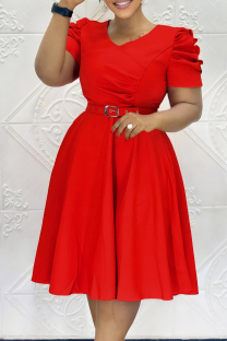 Red Casual Solid Color Ruched With Belt Zipper O Neck Long Dresses