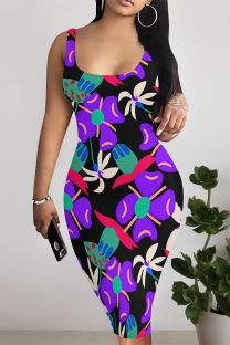 Black Sexy Plaid Graffiti Print Four Leaf Clover Contrast U Neck Printed Dresses