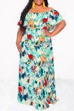 Baby Blue Sexy Geometric Print Ruffle Contrast Off Shoulder Printed Dresses