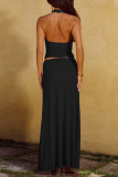 Black Sexy Solid Color Hollow Out Patchwork High Slit O Neck Sleeveless Two Pieces
