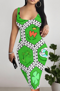 White Green Sexy Plaid Graffiti Print Four Leaf Clover Contrast U Neck Printed Dresses