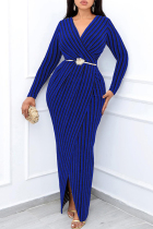 Blue Casual Stripe Patchwork V Neck Long Dresses