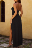 Black Sexy Solid Color Hollow Out Patchwork High Slit O Neck Sleeveless Two Pieces