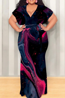 Tibetan Blue Casual Print Patchwork Strap Design V Neck Long Plus Size Dresses
