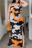 Colour Sexy Camouflage Print Gradient Slit Contrast U Neck Printed Plus Size Dresses