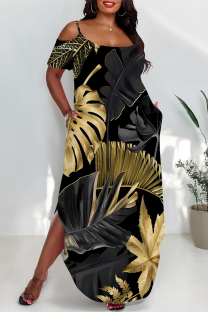 Black Sexy Floral Print Pocket Slit Contrast O Neck Printed Plus Size Dresses