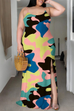 Colour Sexy Camouflage Print Gradient Slit Contrast U Neck Printed Plus Size Dresses