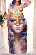 Pink Casual Print Mask portrait Contrast O Neck Printed Plus Size Dresses