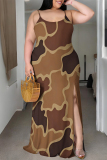 Colour Sexy Camouflage Print Gradient Slit Contrast U Neck Printed Plus Size Dresses