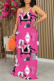 Black Sexy Graffiti Print Flowers Contrast O Neck Printed Dresses