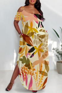 Beige Sexy Floral Print Pocket Slit Contrast O Neck Printed Plus Size Dresses