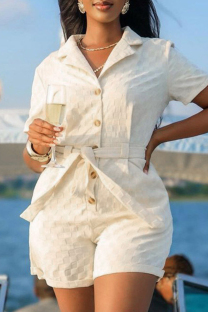 White Casual Plaid Buckle Strap Design Turndown Collar Regular Rompers