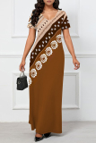 Coffee Casual Floral Print Stripe Pocket Contrast V Neck Printed Dresses