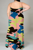 Colour Sexy Camouflage Print Gradient Slit Contrast U Neck Printed Plus Size Dresses