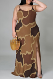 Colour Sexy Camouflage Print Gradient Slit Contrast U Neck Printed Plus Size Dresses