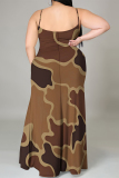 Colour Sexy Camouflage Print Gradient Slit Contrast U Neck Printed Plus Size Dresses