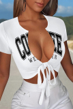 White Sexy Letter Print Lace Up V Neck T-Shirts
