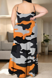 Colour Sexy Camouflage Print Gradient Slit Contrast U Neck Printed Plus Size Dresses